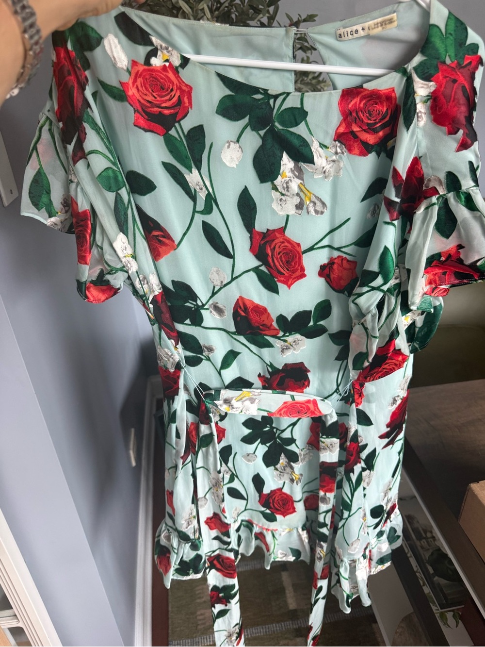 Alice + Olivia Mint Floral Wrap Dress with Red Rose Print